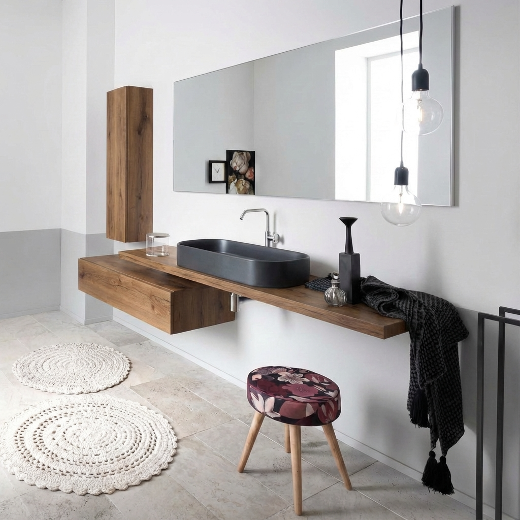 Bagno moderno con mobile lavabo sospeso in legno