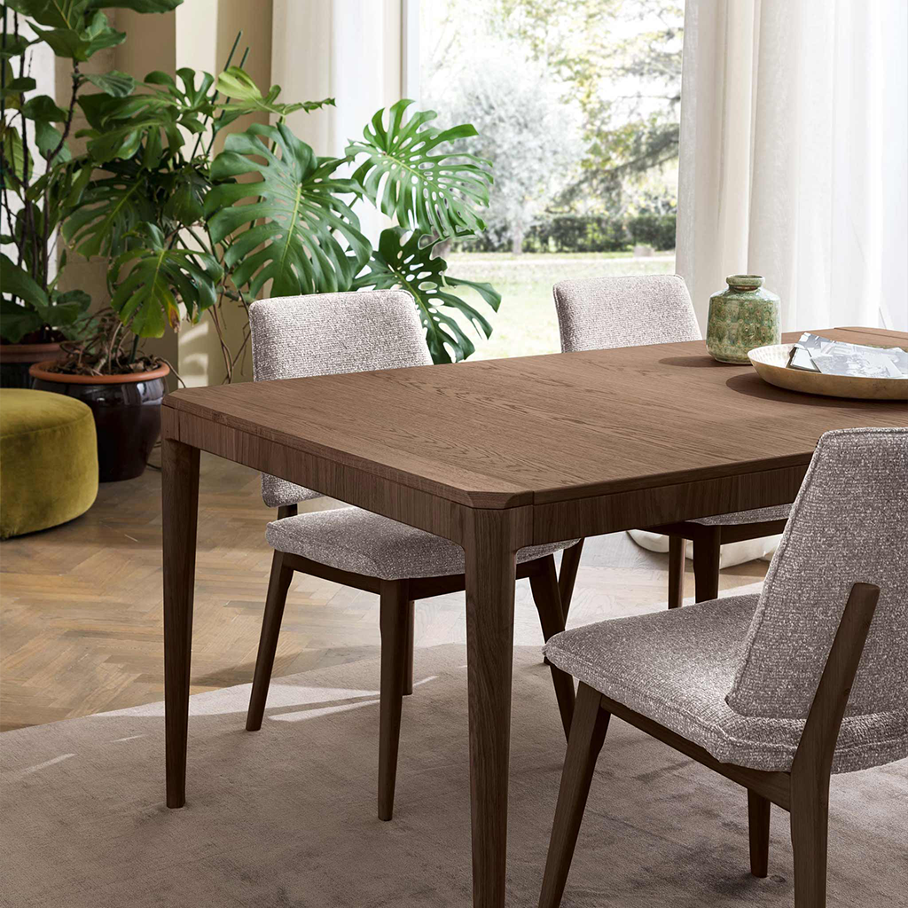 Tavolo da pranzo in legno con sedie imbottite in ambiente luminoso